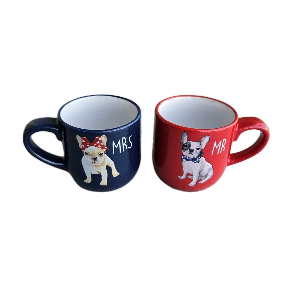 Mr And Mrs‎ French Bulldog Dog Puppy Coffee Tea Mugs Cups Set Of 2 Red Blue 15oz